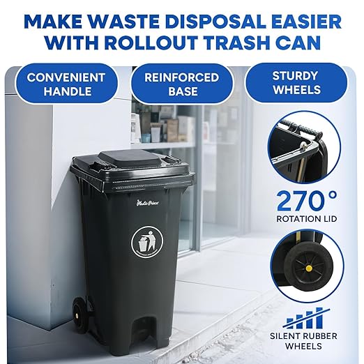 32 Gallon Step-On Large Outdoor Trash Can with Lid and Wheels - Outside Plastic Rolling Garbage Can - Rollout Commercial Heavy-Duty Container Barrel, Gray 2 Pack-DeskLoop Office