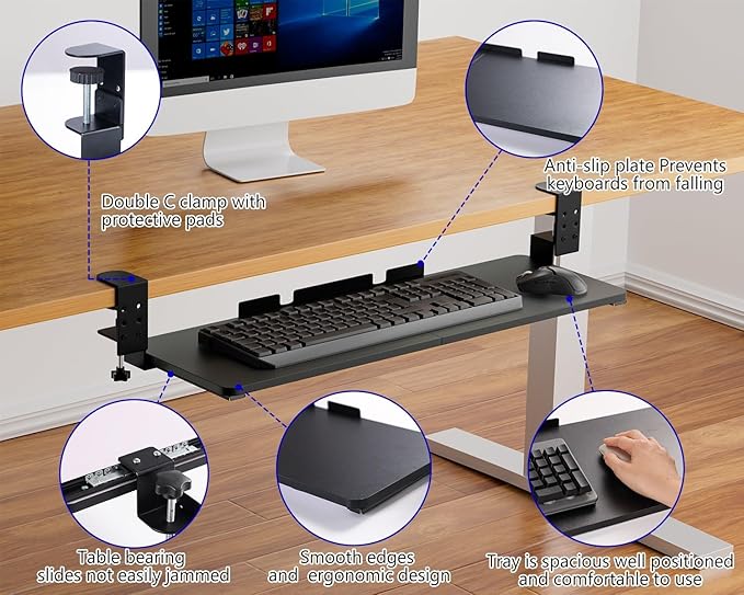 Large Keyboard Tray Under Desk, Adjustable Keyboard Tray with C-Clamp Hardware 29.5″ W x 9.5″ D Slide Out Computer Keyboard & Mouse Tray for Typing Home Office Black-DeskLoop Office