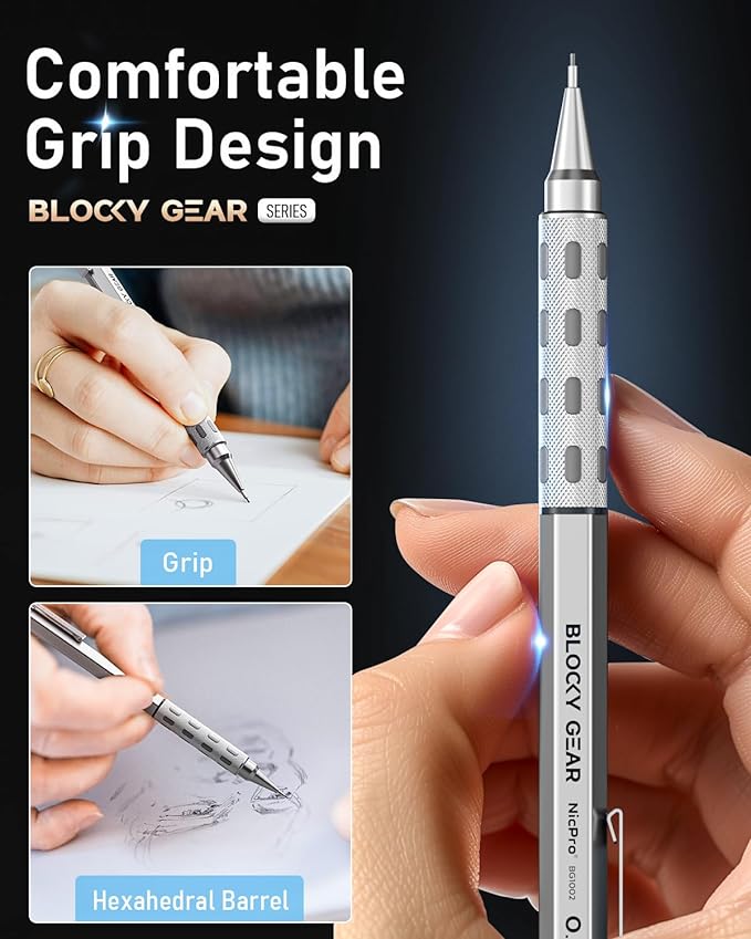 Nicpro Blocky Gear 0.5 mm Mechanical Pencil Set in Case, Metal Pencil with Lead Refills, Eraser for Professional & Adult Art Writing Drafting Drawing-DeskLoop Office