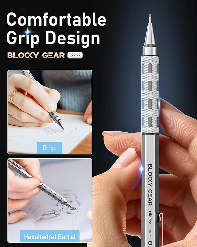Nicpro Blocky Gear 0.5 mm & 0.7 mm Mechanical Pencils Set in Case, Metal Pencil with 6 Tube Lead Refills, Eraser, Eraser Refills for Professional & Adult Art Writing Drafting Drawing Sketching-DeskLoop Office