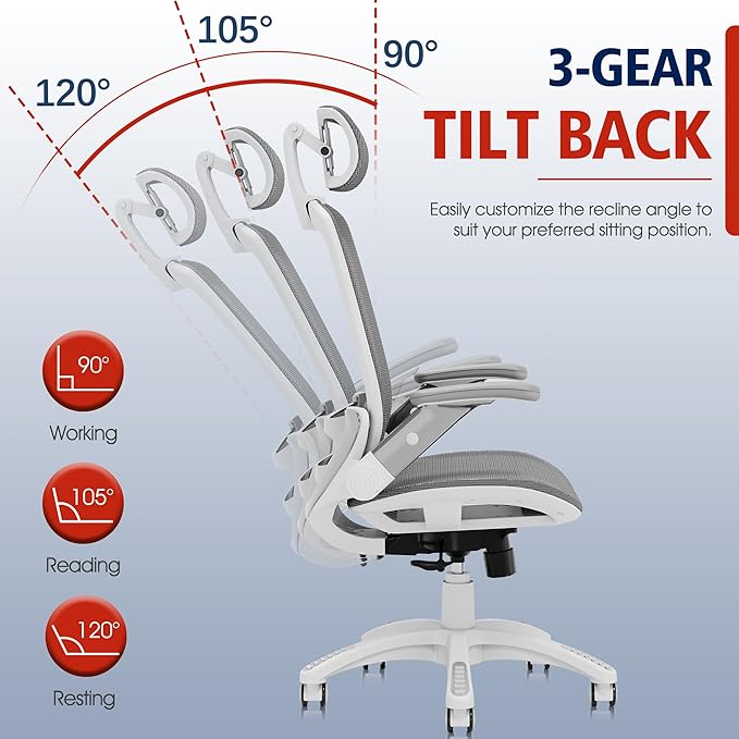 GABRYLLY Ergonomic Office Chair, High Back Home Desk Chair with Headrest, Flip-Up Arms, 90-120° Tilt Lock and Wide Cushion, 400LBS Mesh Chairs for Man Woman, White Task Chair(Dark Grey,GY01WDG)-DeskLoop Office