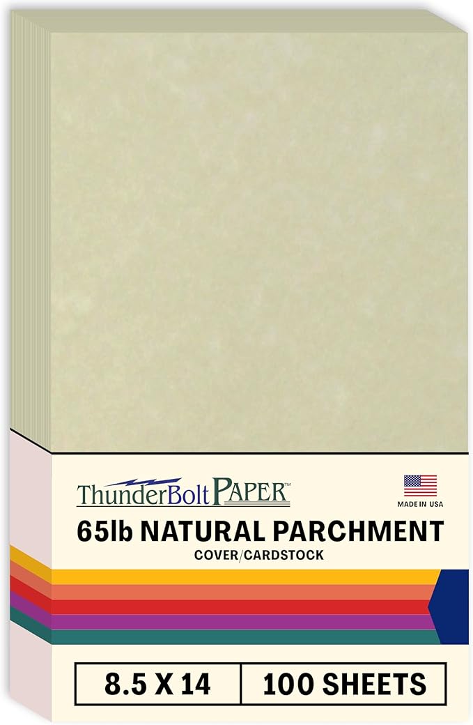 ThunderBolt Paper - 100 Natural Parchment 65lb Cover Cardstock Paper, 8.5x14 Inches, Legal/Menu Size, Printable Old Parchment Look-DeskLoop Office