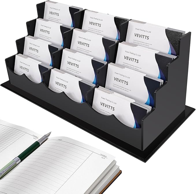 Business Card Holder, Acrylic Business Card Display, Clear Desktop Business Card Stand for Exhibition, Home & Office Black 4 Tiers 12 Slots-DeskLoop Office