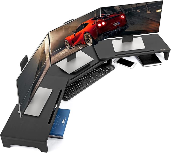 Nnewvante Monitor Stand Riser, 60 inch Large Bamboo Dual Monitor Stand for Desk, 3 Shelves Desktop Screen Riser with Adjustable Length Angle for Computer Laptop PC,Black-DeskLoop Office