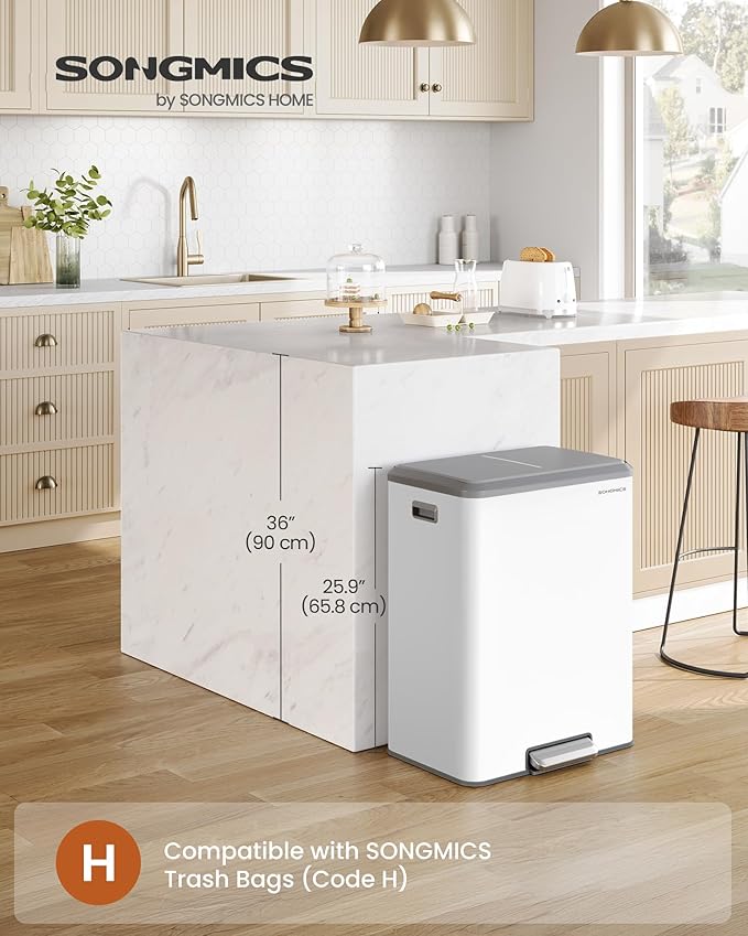 SONGMICS Trash Can, 2 x 8 Gallon (2 x 30 L) Double Garabge Can for Recycling and Waste, Stainless Steel, Soft-Close Lid, Inner Buckets, Wide Sturdy Pedal, Cloud White ULTB556W01-DeskLoop Office