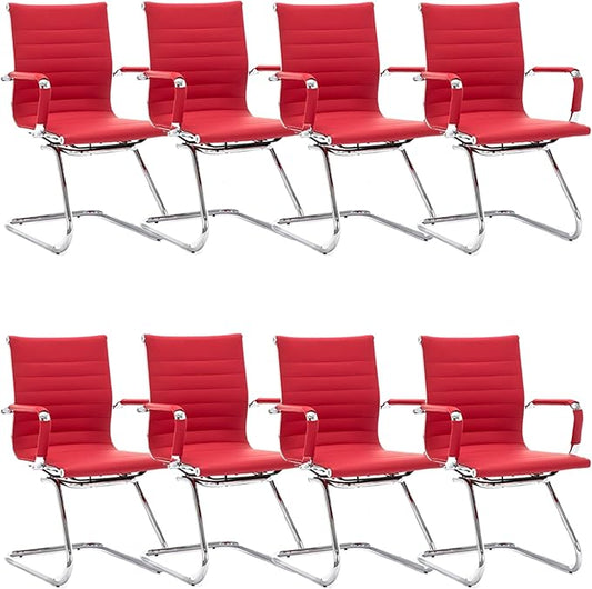 Office Desk Chair Set of 8,No Wheels PU Leather Computer Chairs Mid Back Guest Chairs with Seld Base for School/Reception/Conference/Waiting Room,Burgundy Red-DeskLoop Office