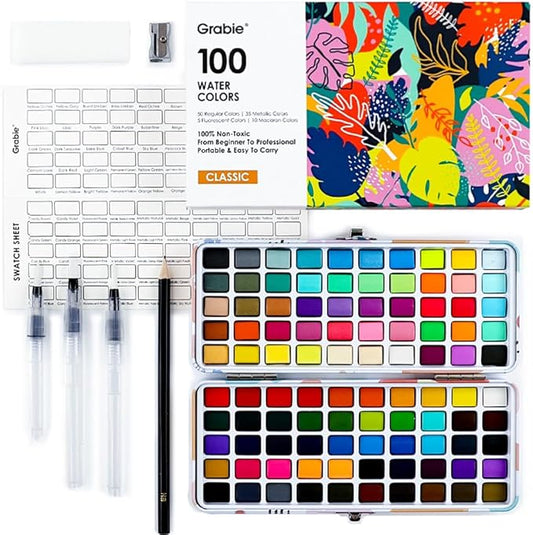 Grabie 100 Colors Watercolor Paint Set - 50 Regular, 35 Metallic, 10 Macaron and 5 Fluorescent Colors - Portable with Carrying Case, Water Brush Pens, and Accessories - For Beginners and Professionals-DeskLoop Office