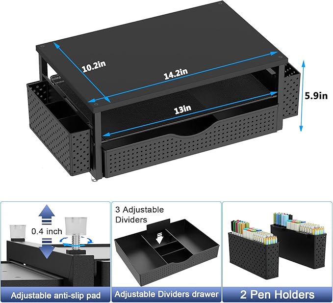 Desk Organizer and Accessories, Computer Monitor Stand Riser with Drawer and 2 Pen Holders, Office Desk Accessories & Workspace Organizers for Office Supplies (Black)-DeskLoop Office