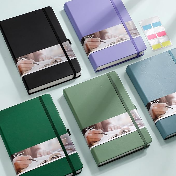 EMSHOI A5 College Ruled Notebook Journal- 400 Pages (200 sheets), 7mm Spacing & Vegan Leather Cover for Work, School, Bible Study, Bullet Journaling- with Sticky Notes, Pocket & Pen Holder- Dark Green-DeskLoop Office