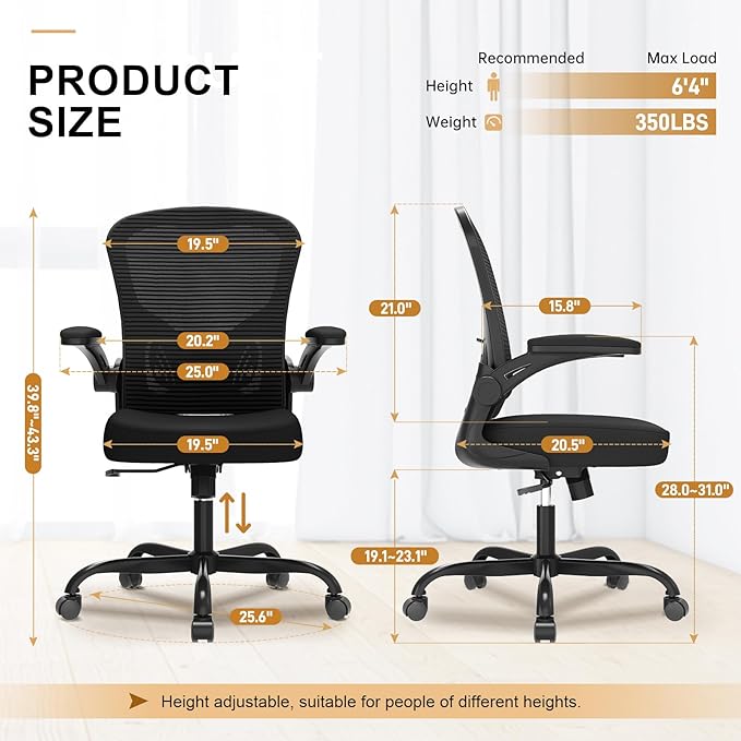 Office Chair, Ergonomic Desk Chairs 330LBS Capacity High Back Mesh Computer Chair with Flip-up Armrests, Comfy Work Chair with Adjustable Lumbar Support, Rolling Chair-DeskLoop Office