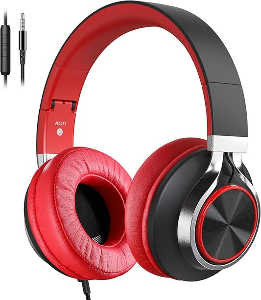 Over Ear Headphones Wired, AC01 Corded Stereo Headsets with Microphone Volume Control for Adults Teens Kids 3.5mm Jack for Chromebooks, Laptop, Computer, Tablets, Travel (Black Red)-DeskLoop Office