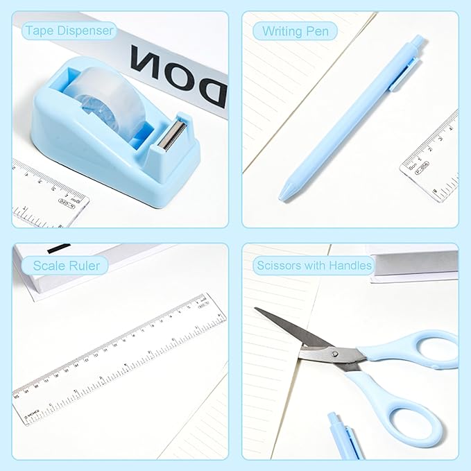 Desk Accessories with Pen Holder, Office Supplies Desk Organizers and Accessories, Tape Dispenser, Stapler, Staple Remover, Staples, Clips Set, Ruler, Scissor, Pen, Tape (Blue)-DeskLoop Office