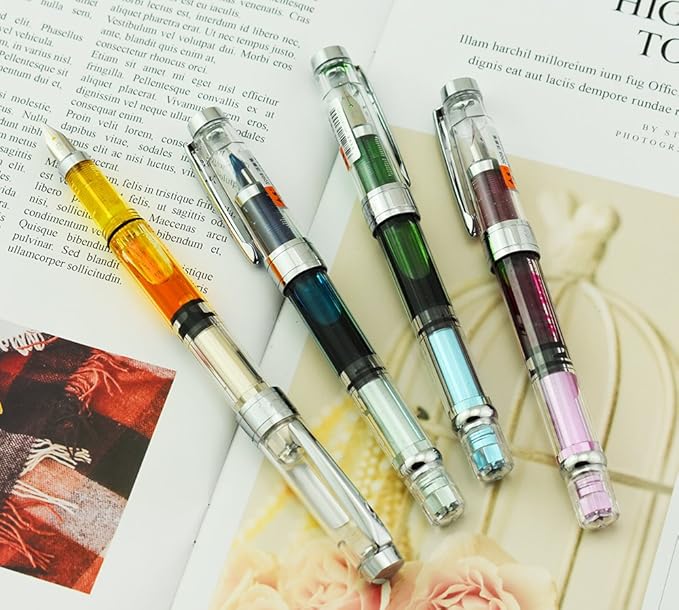 Lanxivi Yongsheng 3008 Piston Fountain Pen EF Extra Fine Nib,Transparent SilverTrim 4 Colors Set-DeskLoop Office