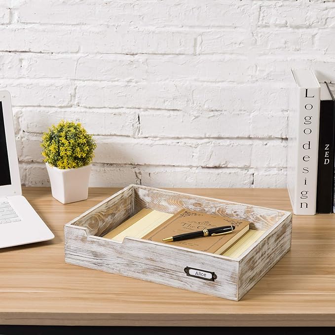 MyGift Rustic White Desktop Letter Tray - Shabby Whitewashed Wood Inbox Holder, Desk Paper File Folder Organizer Box with Metal Label-DeskLoop Office