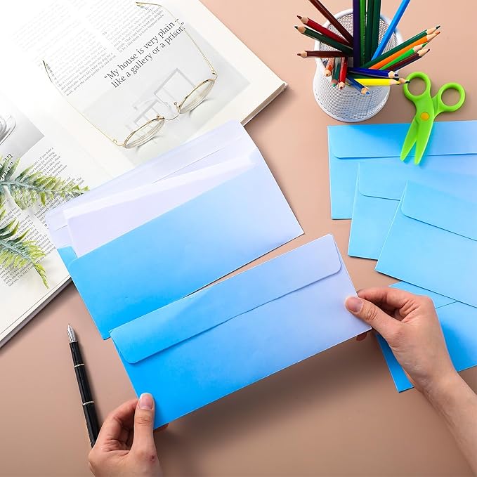 100 Pcs #10 Business Envelopes Colorful Self Adhesive Standard Envelopes Gradient for Office Check Invoices Letters Letterhead Invitations Announcements 4-1/8 x 9-1/2''(Gradient Blue)-DeskLoop Office