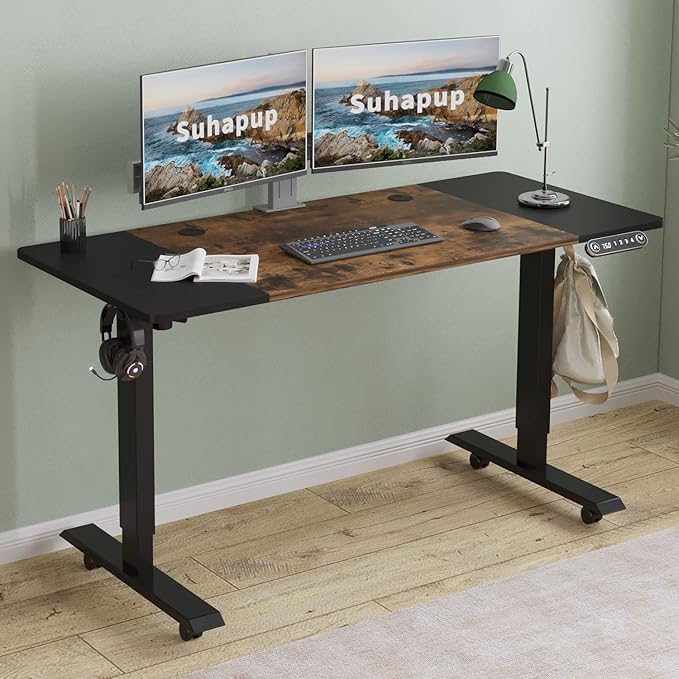 Electric Adjustable Height Standing Desk, 55 x 24 inches Sit - Stand Desk for Work or Home Office 4 Preset Heights Easy to Set, Rustic Brown + Black Splice Board/Black Frame-DeskLoop Office