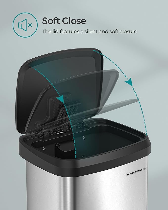 SONGMICS Kitchen Trash Can, 18-Gallon Stainless Steel Garbage Can, with Stay-Open Lid and Step-on Pedal, Soft Closure, Tall, Large and Space-Saving, Silver and Black ULTB520E68-DeskLoop Office