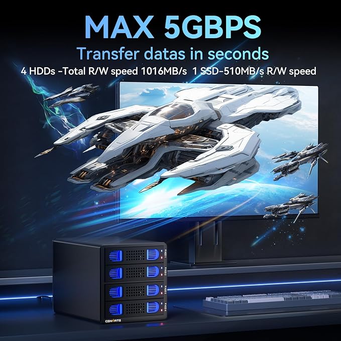 4 Bay Hard Drive Enclosure with Cooling Fan for 2.5/3.5" SATA HDD/SSD with USB A/C 3.0 Cable, Tool-Free HDD Enclosure, 3.5 Hard Drive Enclosure Support 80TB, Hot Swappable(NO RAID/NAS)-DeskLoop Office