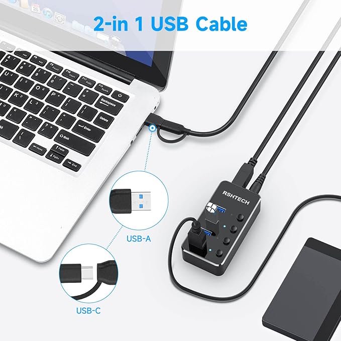USB 3.0 Hub RSHTECH 4 Port Powered USB 3.0/USB C Hub Upgraded Version with 2-in-1 3.3ft USB Cable,5V Power Adapter and Individual Switches, Portable Aluminum USB Splitter for Laptop and PC, RSH-ST04-DeskLoop Office