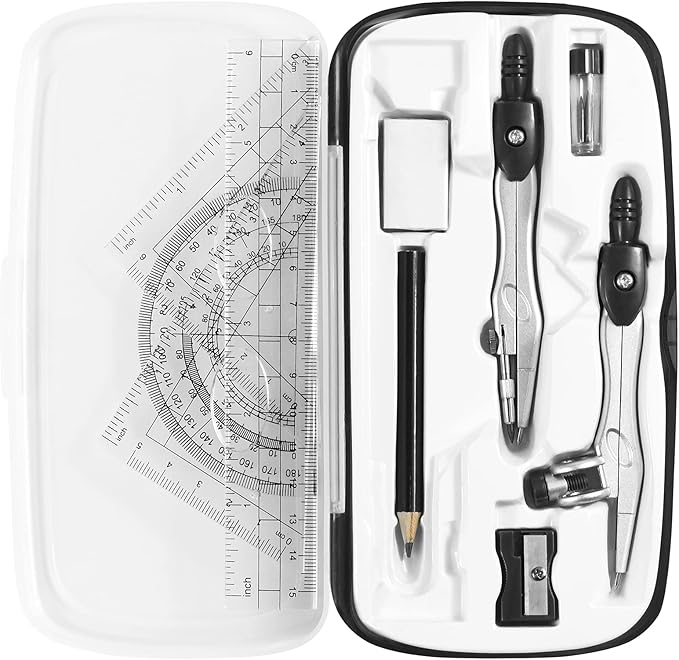 Math Geometry Kit Sets 10 Piece Student Supplies with Shatterproof Storage Box,Includes Rulers,Protractor,Compass,Eraser,Pencil Sharpener,Lead Refills,Pencil,for Drafting(Black)-DeskLoop Office