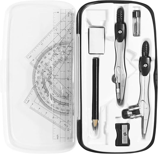 Math Geometry Kit Sets 10 Piece Student Supplies with Shatterproof Storage Box,Includes Rulers,Protractor,Compass,Eraser,Pencil Sharpener,Lead Refills,Pencil,for Drafting(Black)-DeskLoop Office