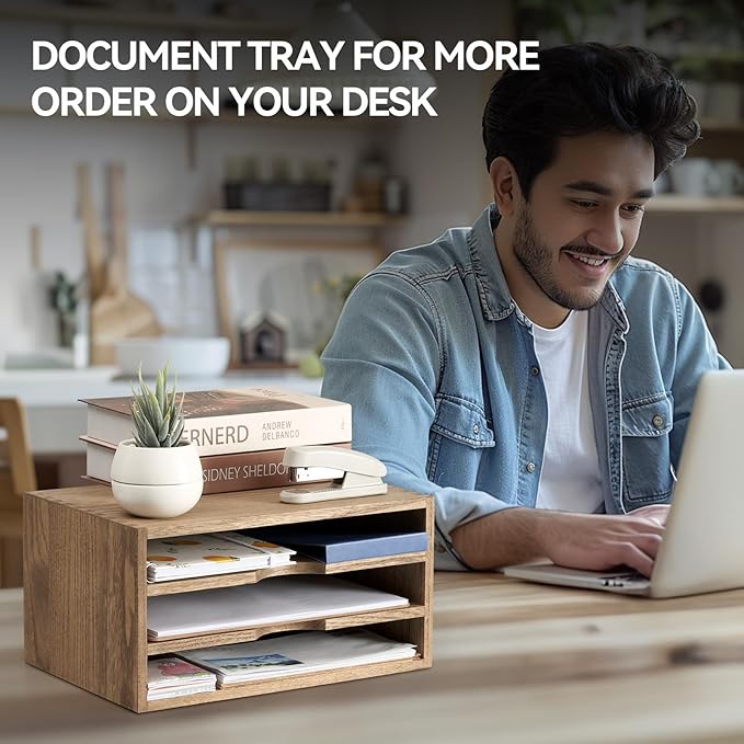 KIRIGEN Wooden Desktop Organizer Paper Storage Letter Tray File Sorter - Desk Rack Magazine File Dividers Holders for Home Office Accessories with 3 Layer Trays Dark Brown (3KWJG-DBR)-DeskLoop Office