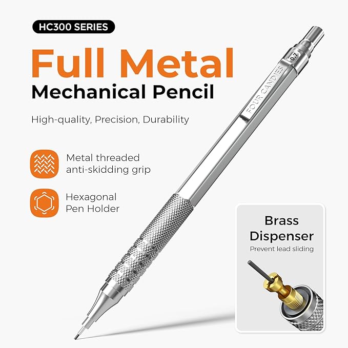Four Candies 4PCS Metal Mechanical Pencils Set with Case, 0.5mm & 0.7 mm Artist Pencil with 8 Tubes (480PCS) HB Lead Refills, 3 Erasers,9 Eraser Refills For Writing Drafting, Drawing, Black&Silver-DeskLoop Office
