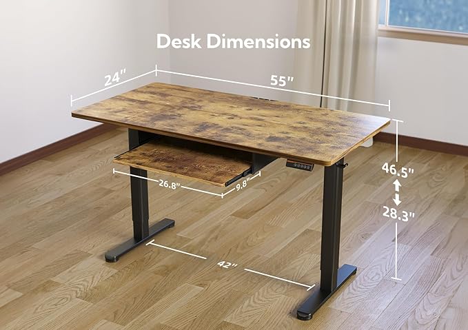 YDN Standing Desk with Keyboard Tray, 55 Inch Height Adjustable Desk, Brown Stand Up Desks for Home and Office, 55inch Rustic Brown-DeskLoop Office