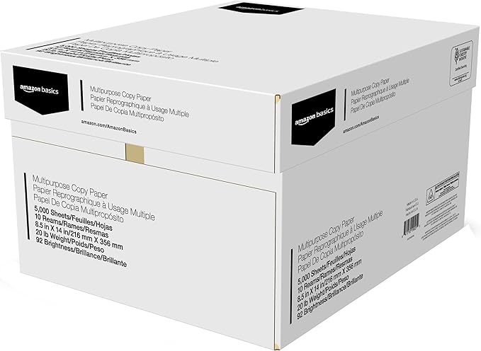 Amazon Basics Multipurpose Copy Printer Paper, 20 lb, 8.5 x 14 Inches, 10 Reams (5,000 Sheets), 92 Bright, White-DeskLoop Office