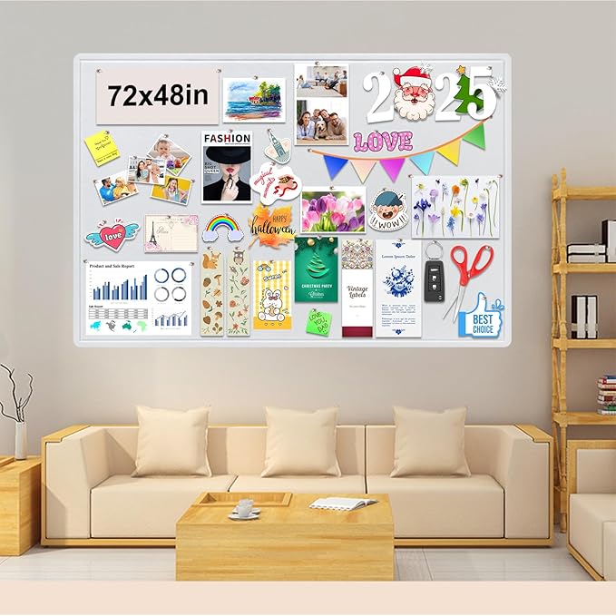 Large Bulletin Board, Foldable 72x48 Inches Cork Board Alternative, Large Felt Board Decorative Pin Board for Wall, Foldable Photo Board Self-Adhesive Vision Board with 36 Pushpins White-DeskLoop Office