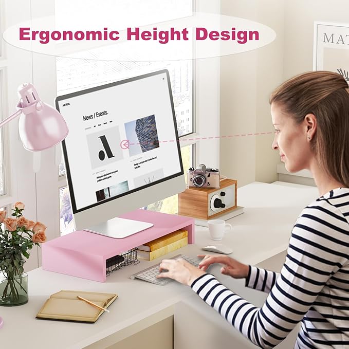 TEAMIX Pink Monitor Riser-20L inch, Wood Monitor Stand for Desk, Sturdy TV/Screen/PC/Printer/Laptop Riser,Computer Shelf with Storage TV Holder for Home Office (Pink, 20 inch)-DeskLoop Office