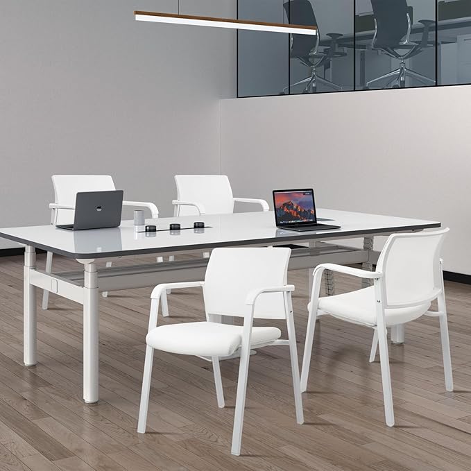 CLATINA Stacking Office Chairs | Mesh Back, Thicken Leather Seat and Arms, Ergonomic Lumbar Support | Guest Reception, Waiting, Conference, School, Party, Customer, Side, Stationary | Set of 4, White-DeskLoop Office