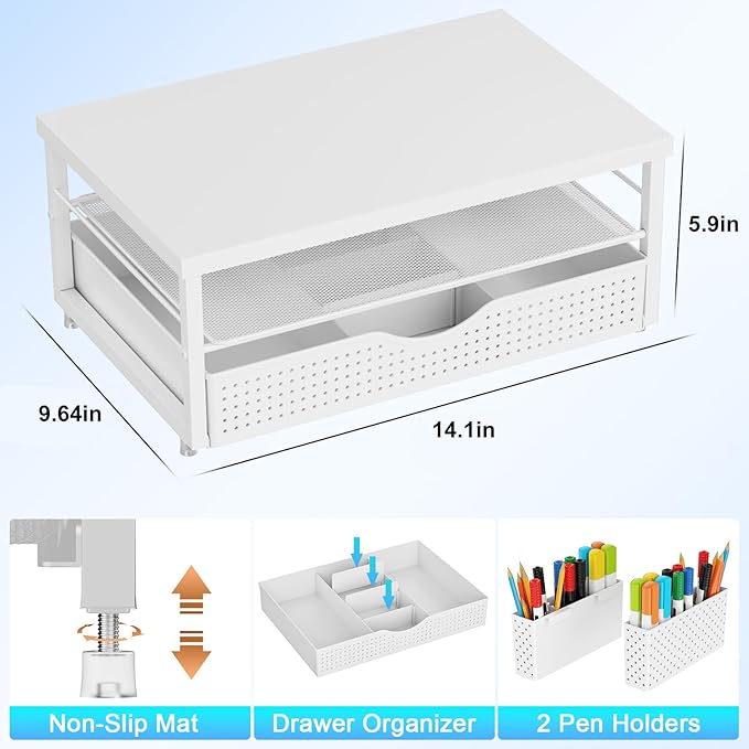 gianotter Wood Monitor Stand Riser, Office Desk Shelf Organizer, Desk Organizer with Drawer and Pen Holder, 2-Tier Computer Stand, Office Organization (Matte White)-DeskLoop Office