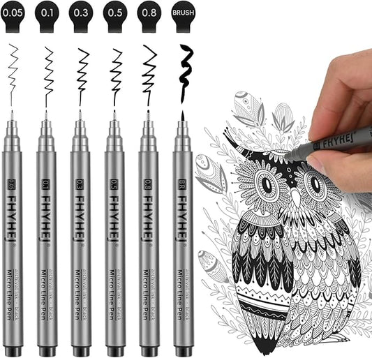 Micro Fineliner Drawing Art Pens: 6 Black Fine Line Ink Set Artist Supplies Archival Inking Markers Liner Professional Sketch Outline Anime Sketching Artist Illustration Watercolor-DeskLoop Office
