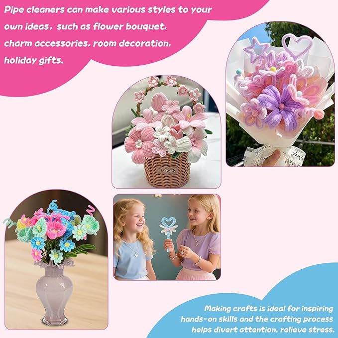 5 Mixed Macaron Colors Chenille Stems Bulk,400 Pcs Pipe Cleaners Craft with Floral Wires, Gardening Tape,Greeting Card,Bouquet Paper,Hot Glue Stick,Stamen & Ribbon,Ideals for DIY School Projects