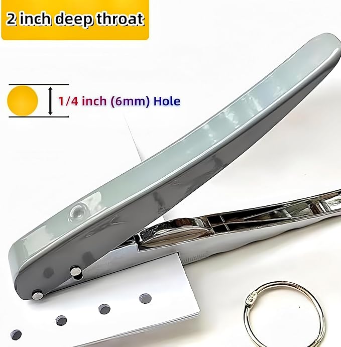 1 Pack 1/4 inch (6mm) Single Hole Punch Heavy Duty Round Hole Paper Puncher 2 Inch Reach Deep Throat Hand Held Long Hole Punch for Paper ID Cards PVC Tags Plastic Cardboard, Grey-DeskLoop Office