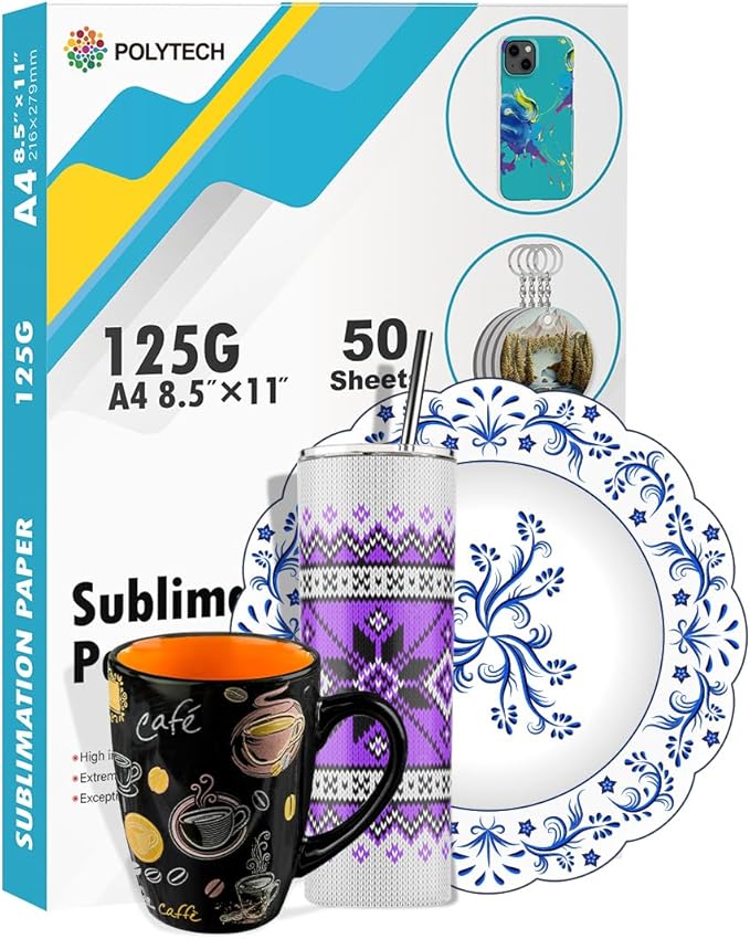 Polytech Sublimation Paper, 8.5x11, 50 Sheets, Heat Transfer Paper for All Sublimiation Blanks, For All Sublimation Printer and Ink, For Tumblers, Magnet Blanks, Ceramic Ornaments, Light T-Shirt,125G-DeskLoop Office