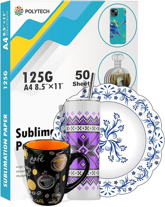 Polytech Sublimation Paper, 8.5x11, 50 Sheets, Heat Transfer Paper for All Sublimiation Blanks, For All Sublimation Printer and Ink, For Tumblers, Magnet Blanks, Ceramic Ornaments, Light T-Shirt,125G-DeskLoop Office