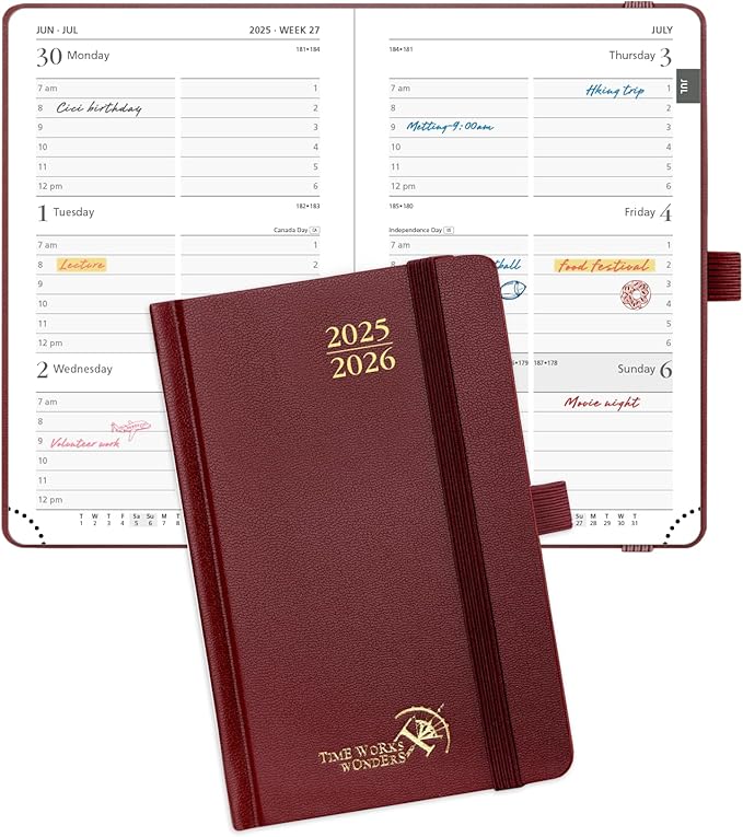 POPRUN Pocket Planner 2025-2026, (Purse Size 4''x 6.25'' Hard Cover) Academic Year Calendar Daily Weekly and Monthly (July 25-June 26) with Hourly Time Slots, 100 GSM Paper - Burgundy-DeskLoop Office