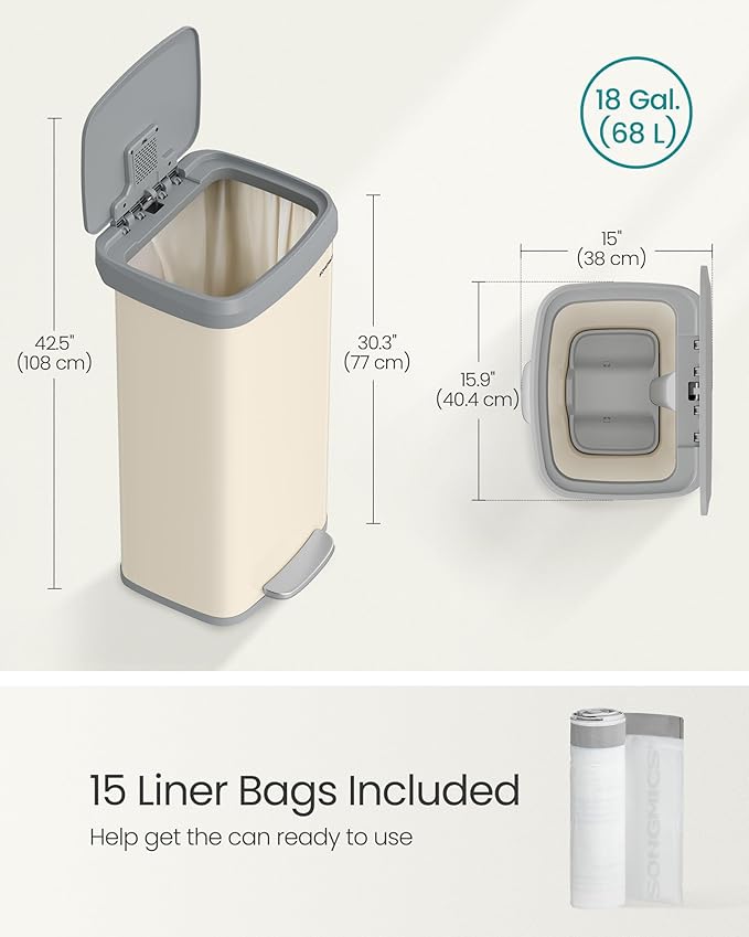 SONGMICS Kitchen Trash Can, 18-Gallon Stainless Steel Garbage Can, with Stay-Open Lid and Step-on Pedal, Soft Closure, Tall, Large and Space-Saving, Sand Beige and Dove Gray ULTB520A01-DeskLoop Office
