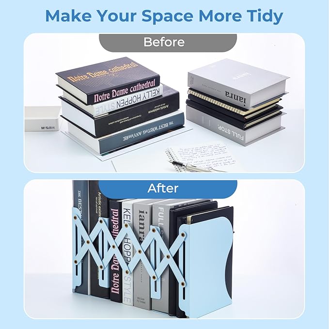 M&G Adjustable Bookends Book Ends for Shelves, Metal Bookend for Heavy Books, Desk Magazine File Organizer Holder Extends up to 20in, Book Stopper for Home, Office, Classroom (Blue)-DeskLoop Office