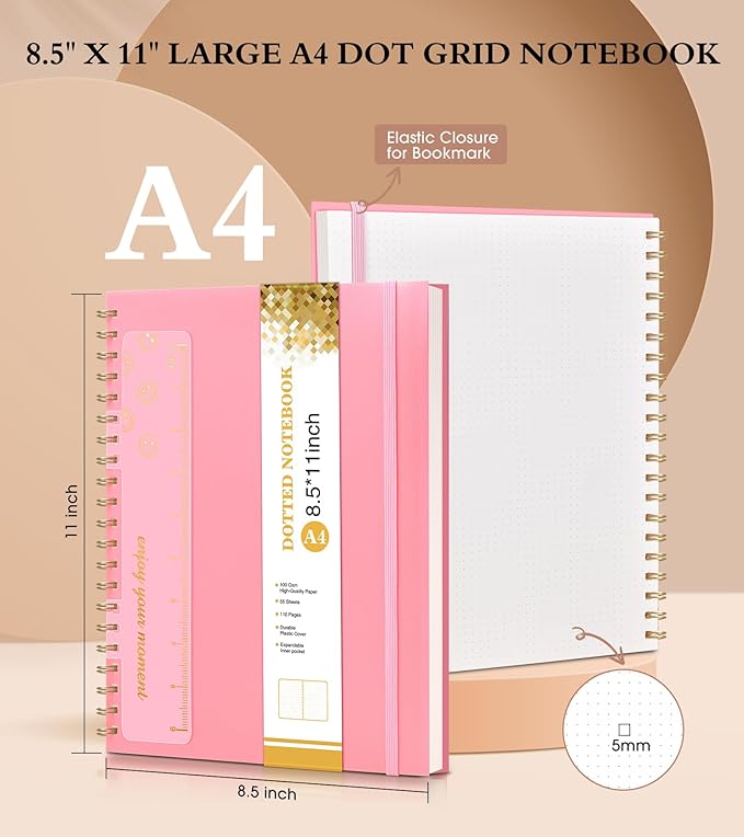 Dotted Notebook, Spiral Notebook Journal 8.5” x 11”, A4 Large Dot Grid Notebooks for Women Men, 100 GSM Dotted Paper, Plastic Hardcover Spiral Bullet Journals for Work School Sketching, Pink-DeskLoop Office
