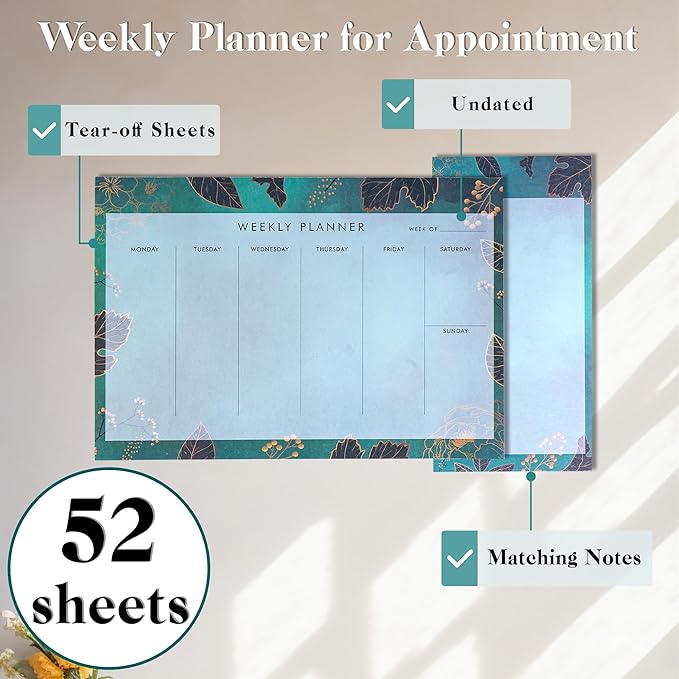 Undated Weekly Planner Notepad 10x7 To Do List Note Pad 52 Weekly Desk Planner Calendar Tear Off Daily Planning Pad for Work,School,Home,Ofiice Supplies, Matching Notepad,Green-DeskLoop Office