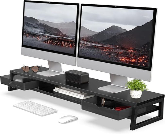 Fenge Dual Monitor Stand, Monitor Riser with Drawer, 42.5 Inch Large Computer Monitor Stand for 2 Monitors, 2 Tier Wooden Desk Shelf for Top of Desk-DeskLoop Office