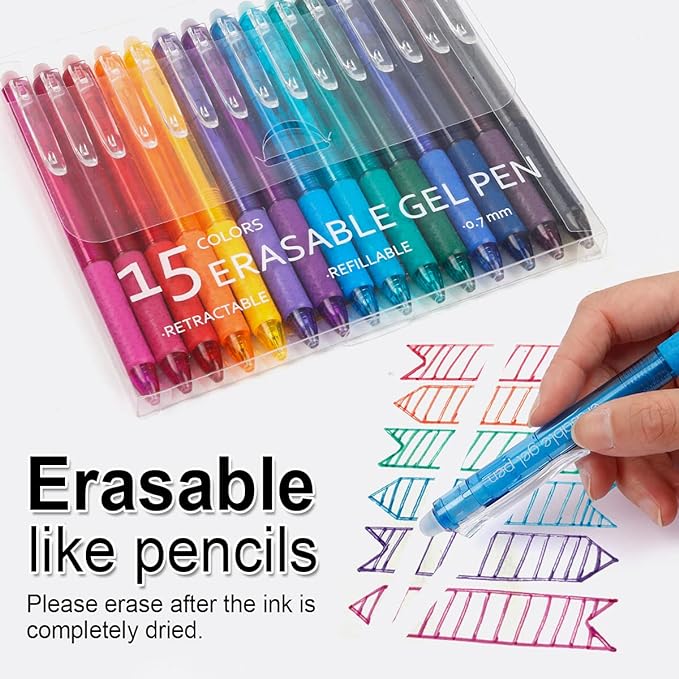 Vanstek 15 Colors Retractable Erasable Gel Pens Clicker, Fine Point(0.7), Make Mistakes Disappear, Premium Comfort Grip for Drawing Writing Planner and School Supplies-DeskLoop Office