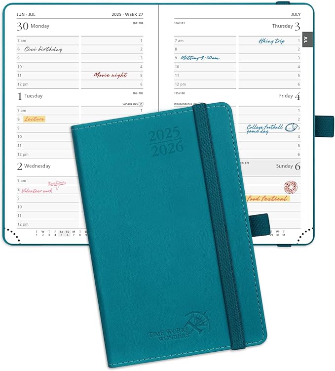 POPRUN Pocket Planner 2025-2026 (Purse Size 4'' x 6.25'') Academic Small Calendar (July 2025 - June 2026) with Hourly Time Slots, 100GSM Thick Papers, Leather Soft Cover - Pacific Green-DeskLoop Office