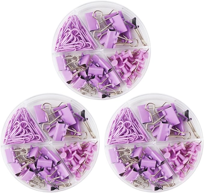 Purple Paper Clips and Binder Clips Set, 216 pcs, Metal Assorted Sized Binders with Push Pins, Cute Office Supplies for Desk, Durable Desk Accessories, 3 Pack-DeskLoop Office