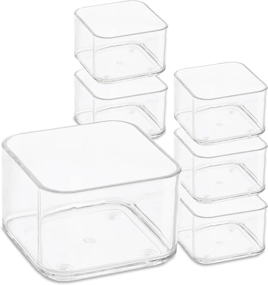 Plastic Clear Acrylic Drawer Organizers. Bathroom, Kitchen, Bedroom, Utensils, Office Organizer Bins, Storage Trays. Heavy Duty, Stackable. 3" x 3" x 2" Set of 6-DeskLoop Office