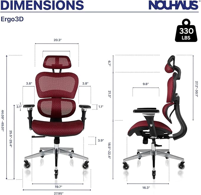 Nouhaus Ergo3D Ergonomic Office Chair Lumbar Support Mesh Office Chair with 4D Adjustable Armrest, Adjustable Headrest and Wheels, Mesh High Back Home Office Desk Chairs(Burgundy)-DeskLoop Office