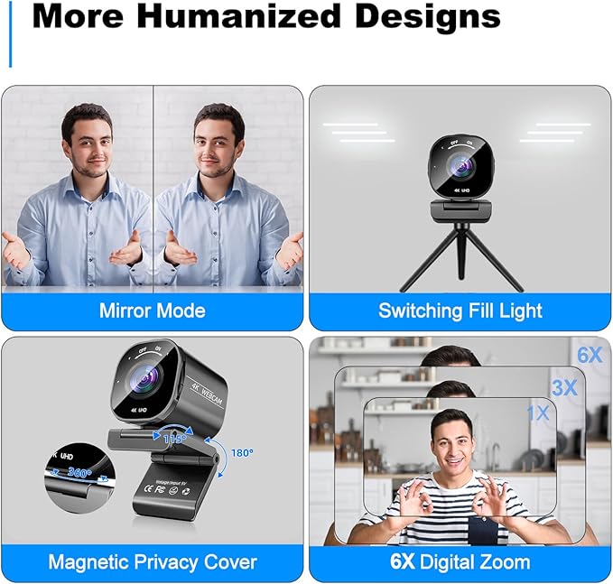 4K USB Webcam with 4 Noise-Canceling Mics, 50-92 FOV, Built-in OSD & Privacy Cover, Plug & Play for Zoom, Teams, Recording-DeskLoop Office